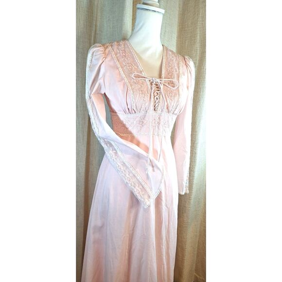 70's Pink Corset Dress Vintage Homemade Prairie Style Long Sleeve Maxi - Picture 4 of 13